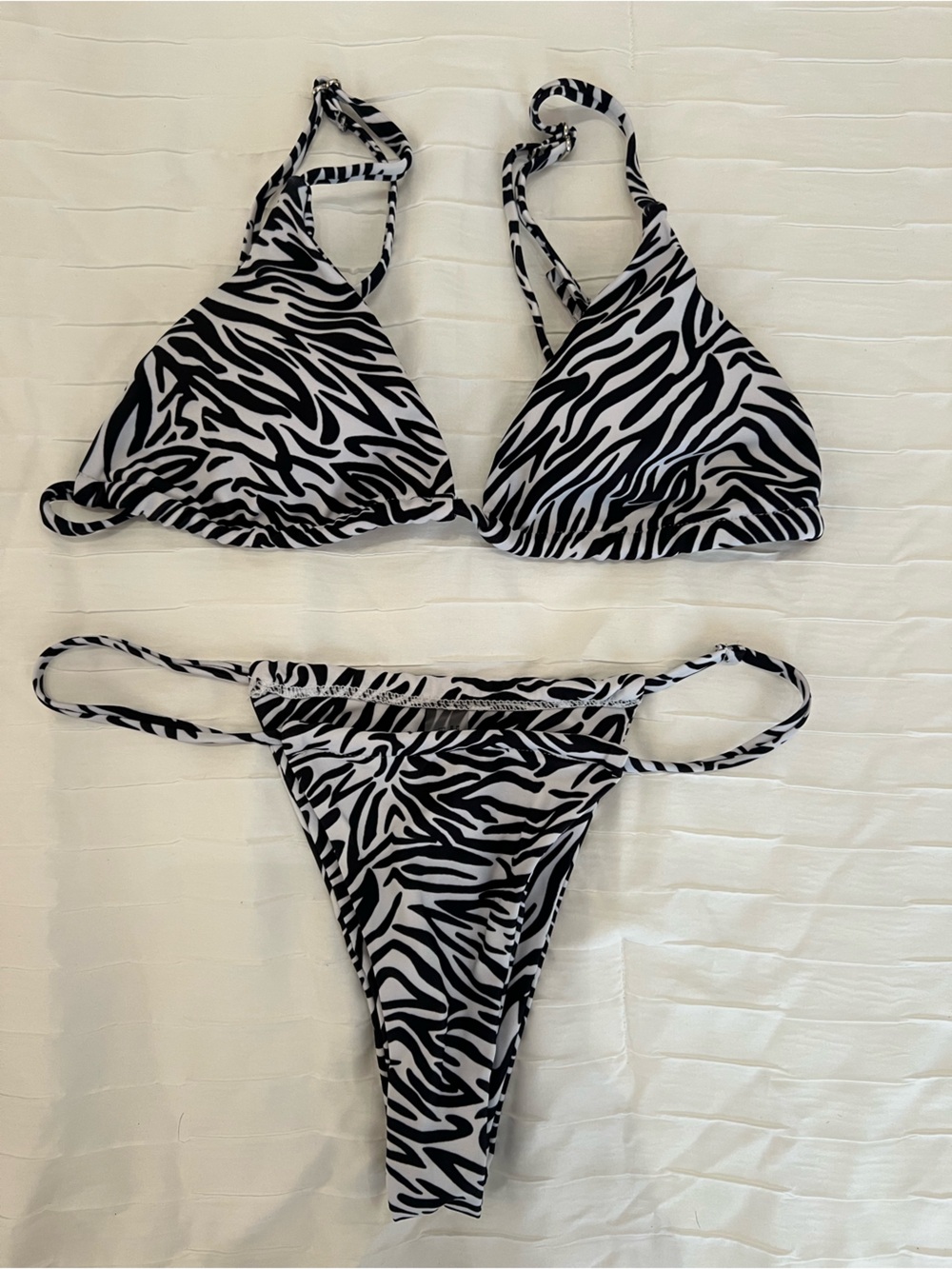 Zebra Print Triangle String Bikini Set in Black & White size small